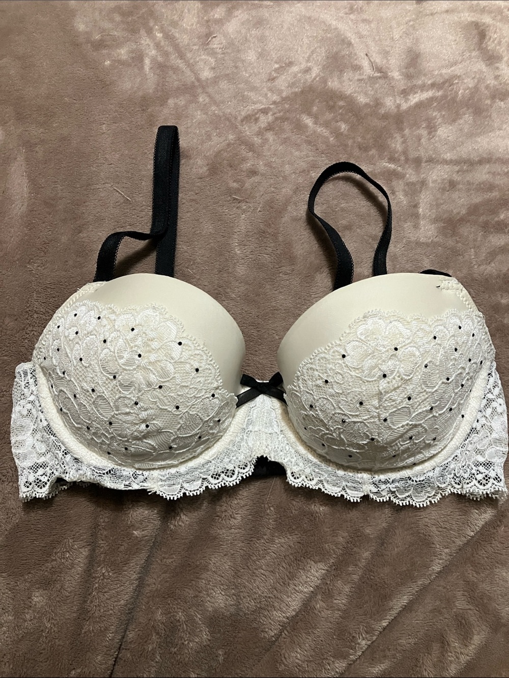 Victoria's Secret Cream Lace Bra with Black Straps and black sparkles